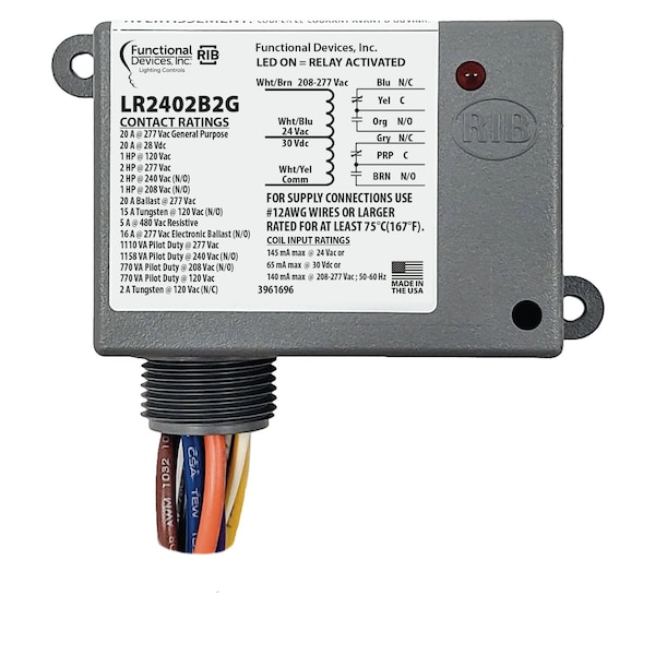 General Purpose Lighting Relay, 24 Vac/dc 208-277Vac Input, DPDT relay